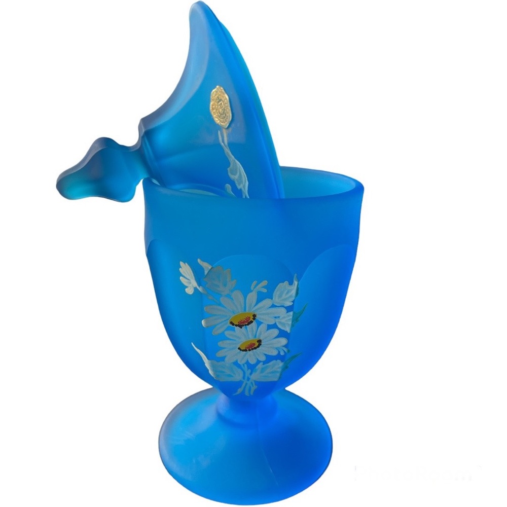 Westmoreland Satin Glass Covered dish. Rich Blue Color With Hand Painted Flowers
